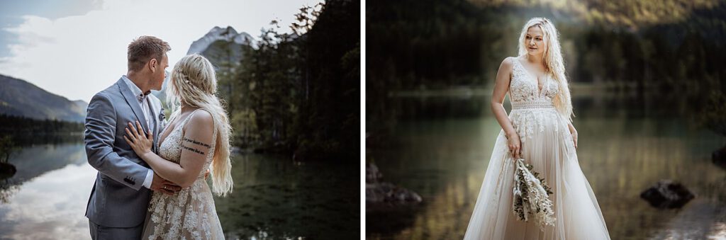 hochzeit hochzeitsfotos paarfotoshooting heiraten am hintersee zauberwald ramsau bei berchtesgaden braut und brautstrauß, braut und bräutigam stehen einander gegenüber und schauen auf den see